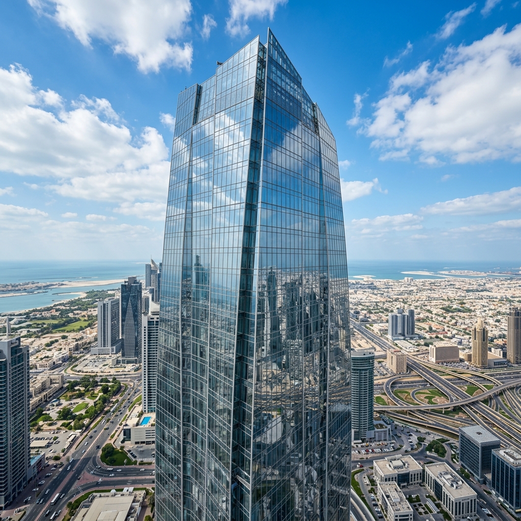 واجهة مبنى زجاجية هندسية بدون أشخاص